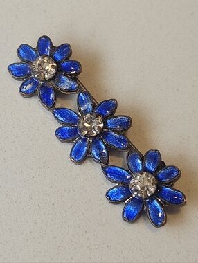 Antique Art Deco Blue Enamel Flower Paste Rhinestone Bar Pin Brooch